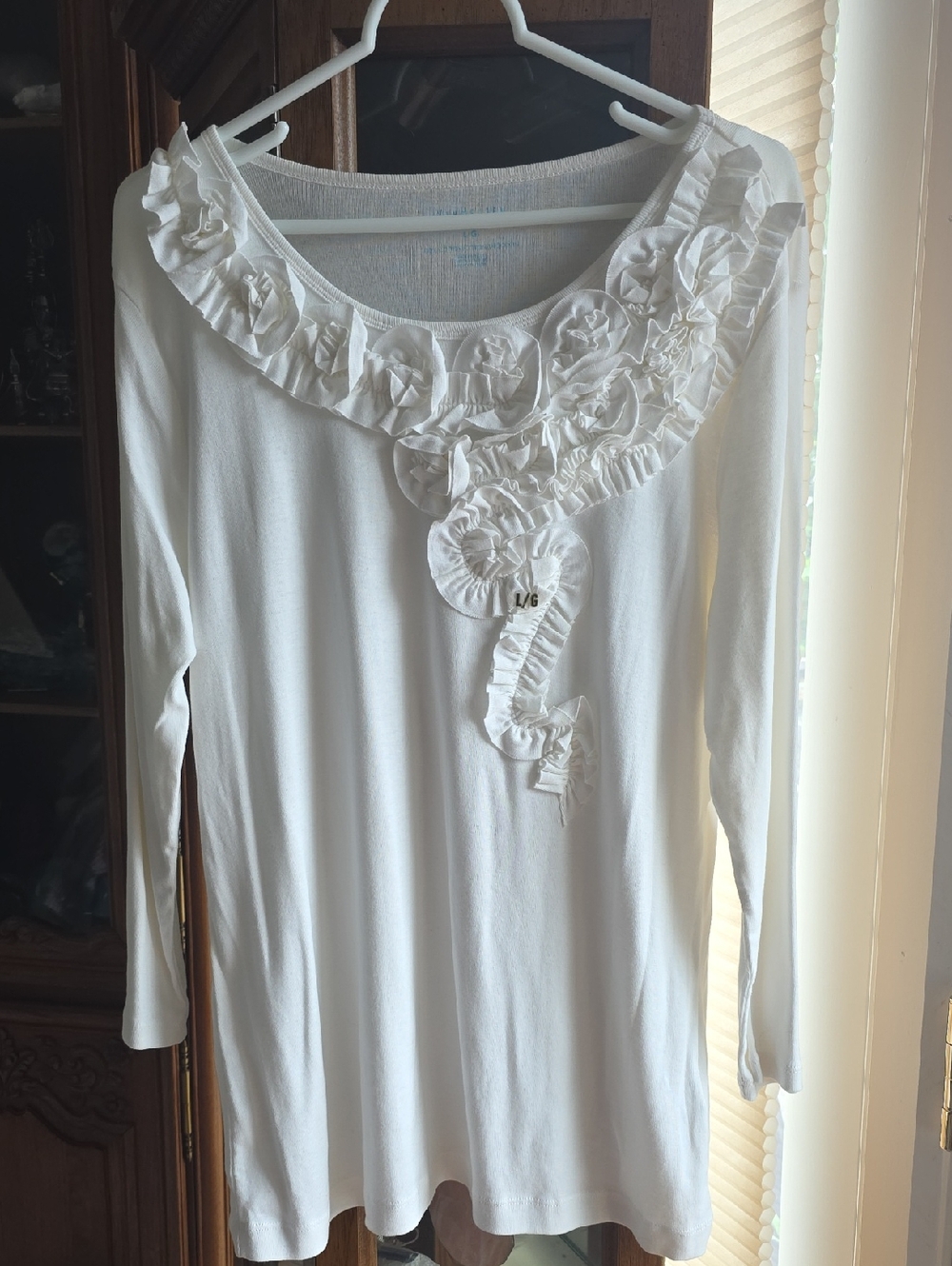Van Heusen White Long Sleeve Ruffle-Trim Tee